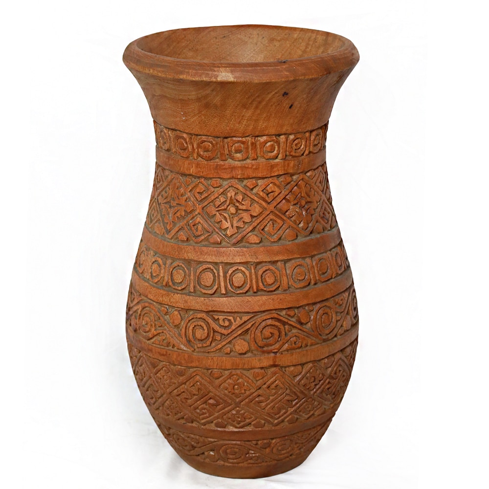 Kleine handgeschnitzte Teakholz-Vase in Braun, 50 cm