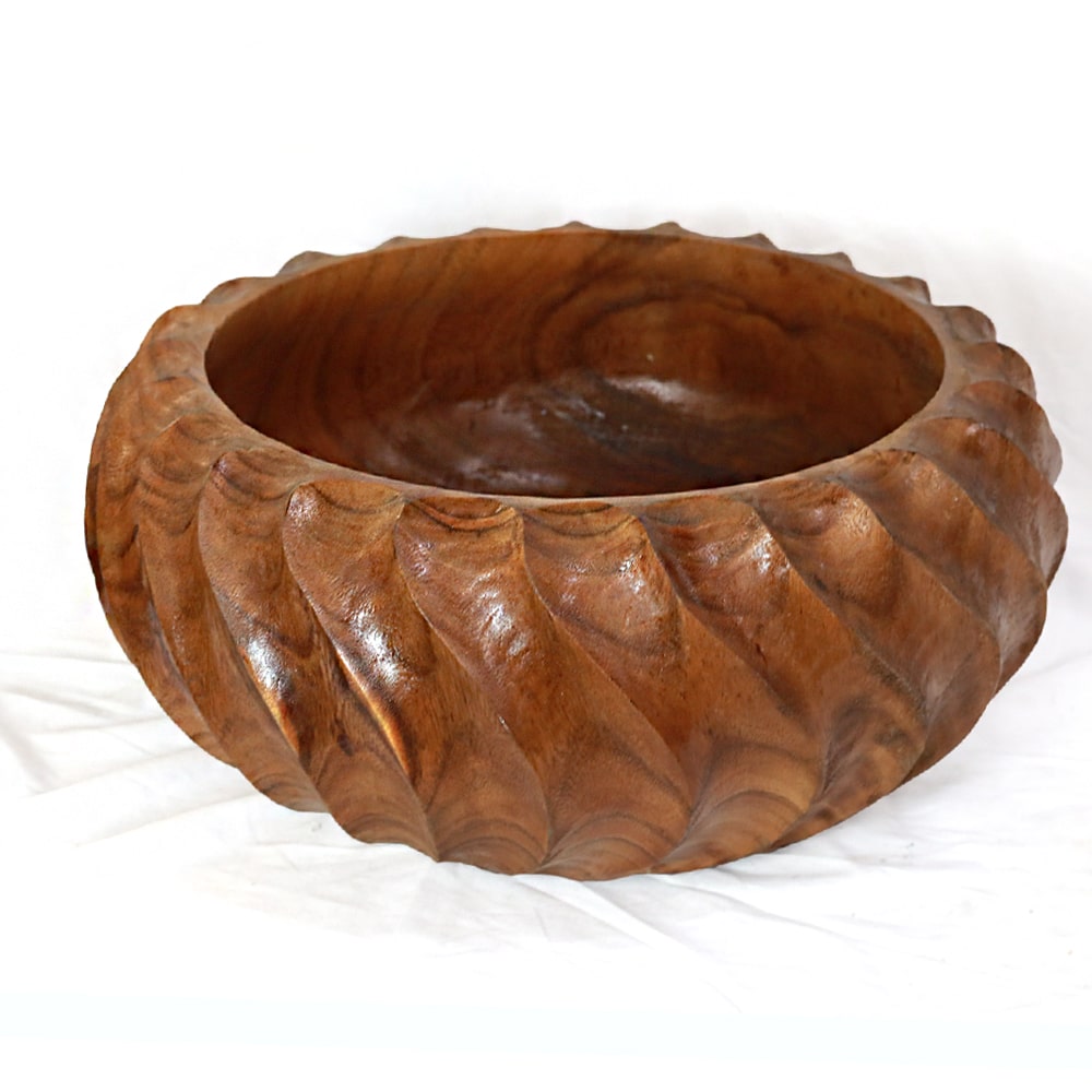 Elegante Hartholzschale aus Teakholz, 40 cm Durchmesser mit gedrehtem Design