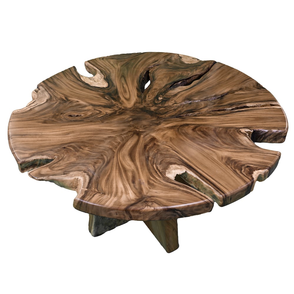 Kayon Esstisch aus Suarholz, Ø 160 cm – Naturbelassene Baumscheibe auf Holzgestell