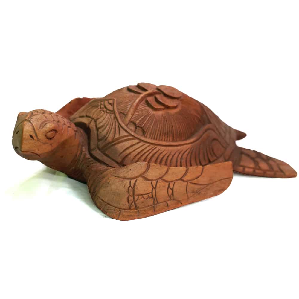 Handgeschnitzte Schildkröte aus Suarholz mit Blütenmotiv, 40 cm, hellbraun