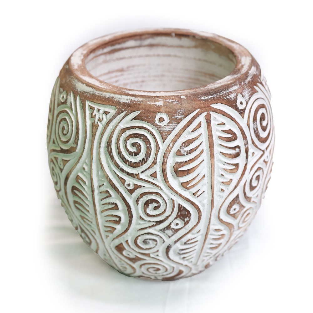 Bauchiger Blumenübertopf aus Albesia-Holz, 15x20 cm