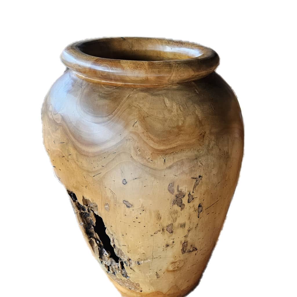 Dekorative Teakholz-Vase, bauchig, 50 cm – handgefertigtes Unikat
