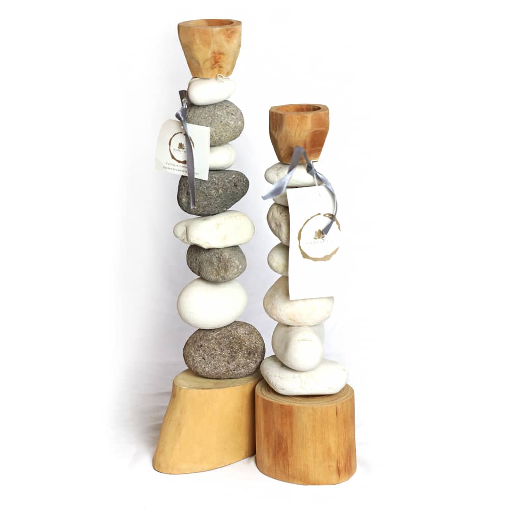 Kerzenhalter mit grauen und weißen Natursteinen, ca. 40 cm hoch