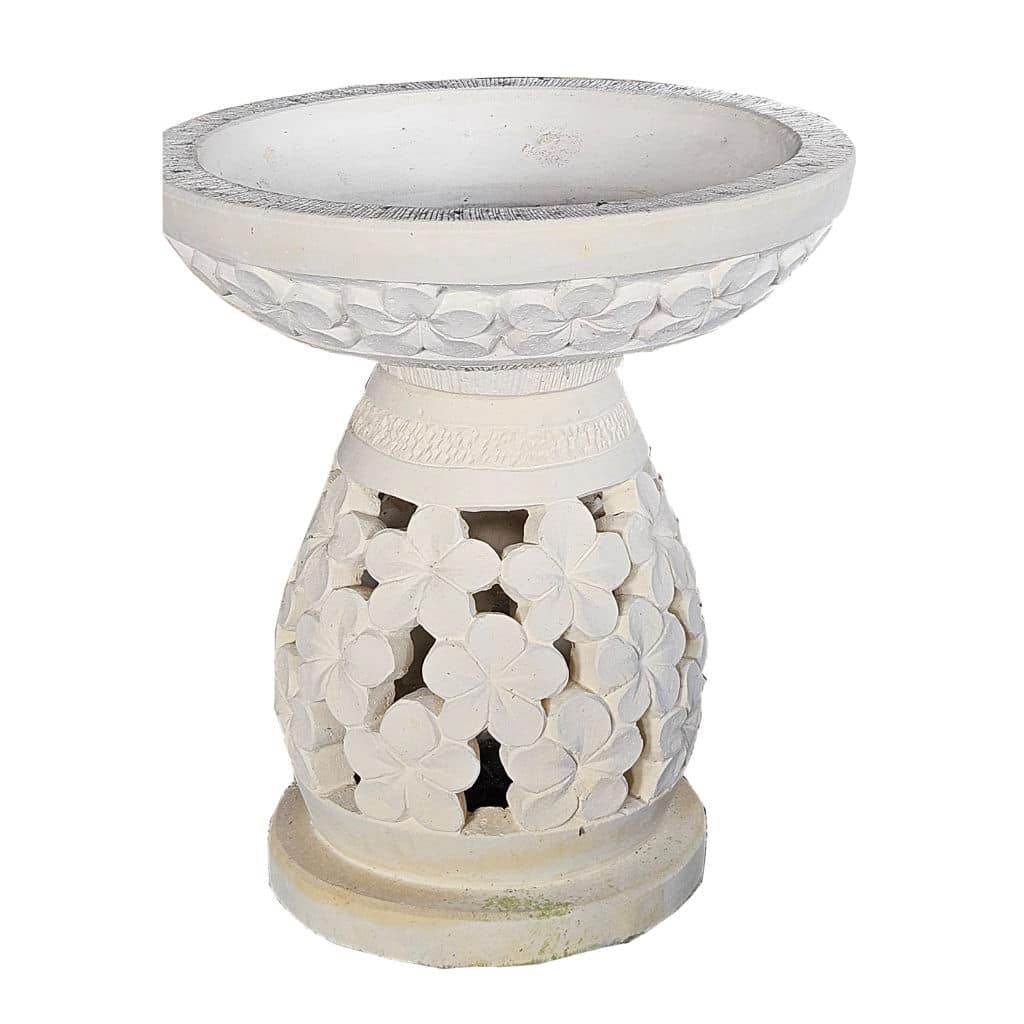 Bukit Vogeltränke mit runder Steinschale auf elegantem Frangipani-Sockel, 85 cm