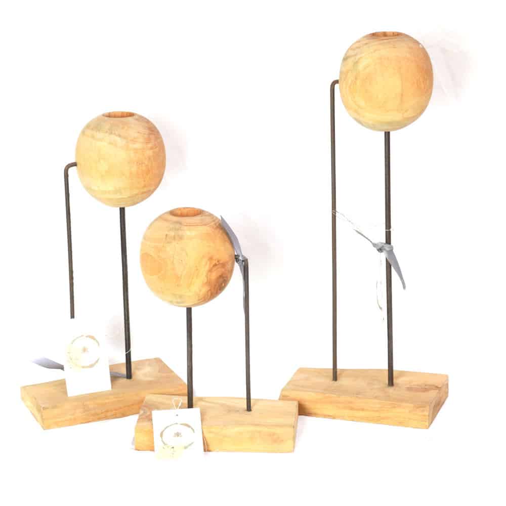 3er Set Kerzenhalter mit Teakholz-Kugeln auf Metallständern