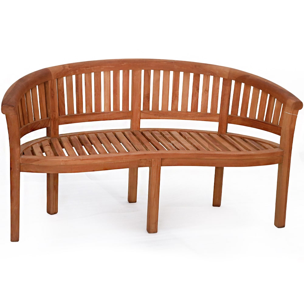 Elegante Teakholzbank mit geschwungener Form, 158x64x85 cm