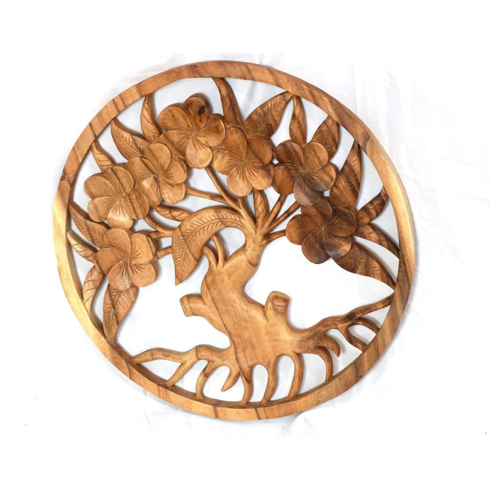 Handgefertigte Wandpaneele 'Frangipani' aus Teakholz, Ø 50 cm