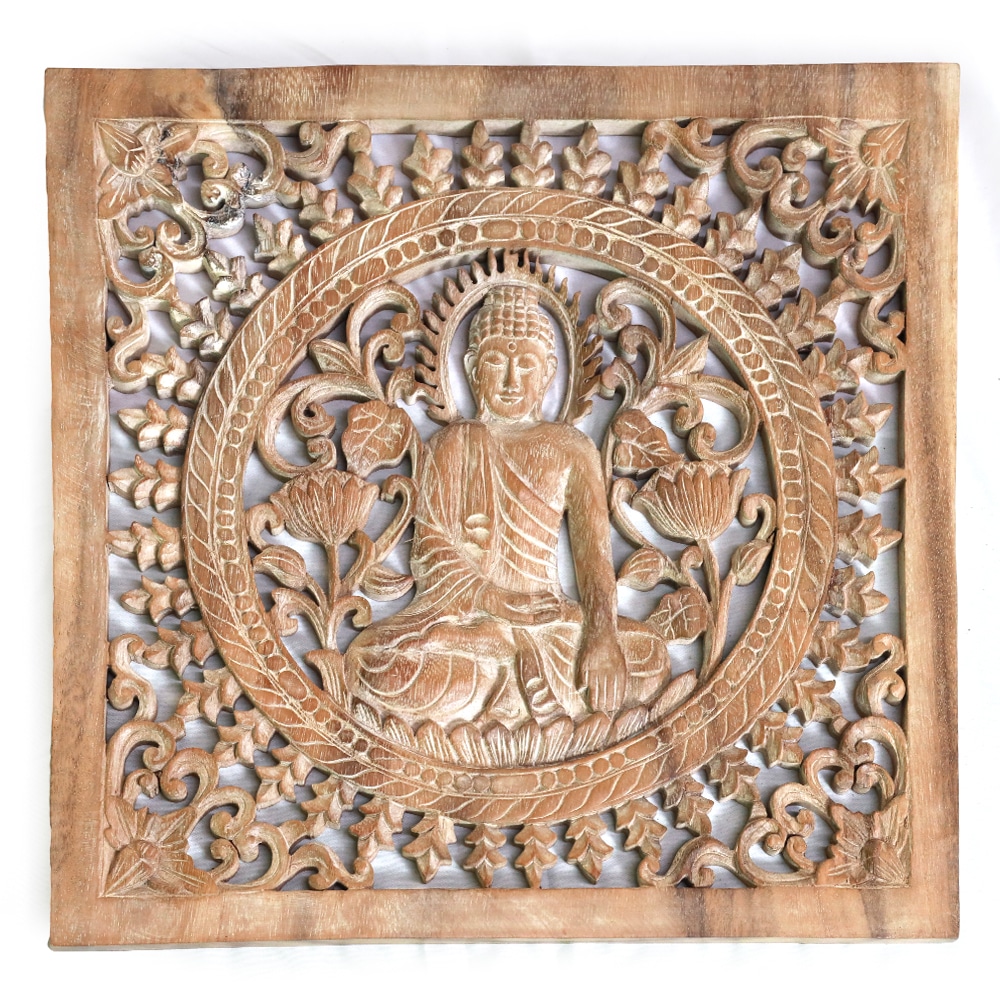 Buddha Wandrelief in White Wash, 40 cm