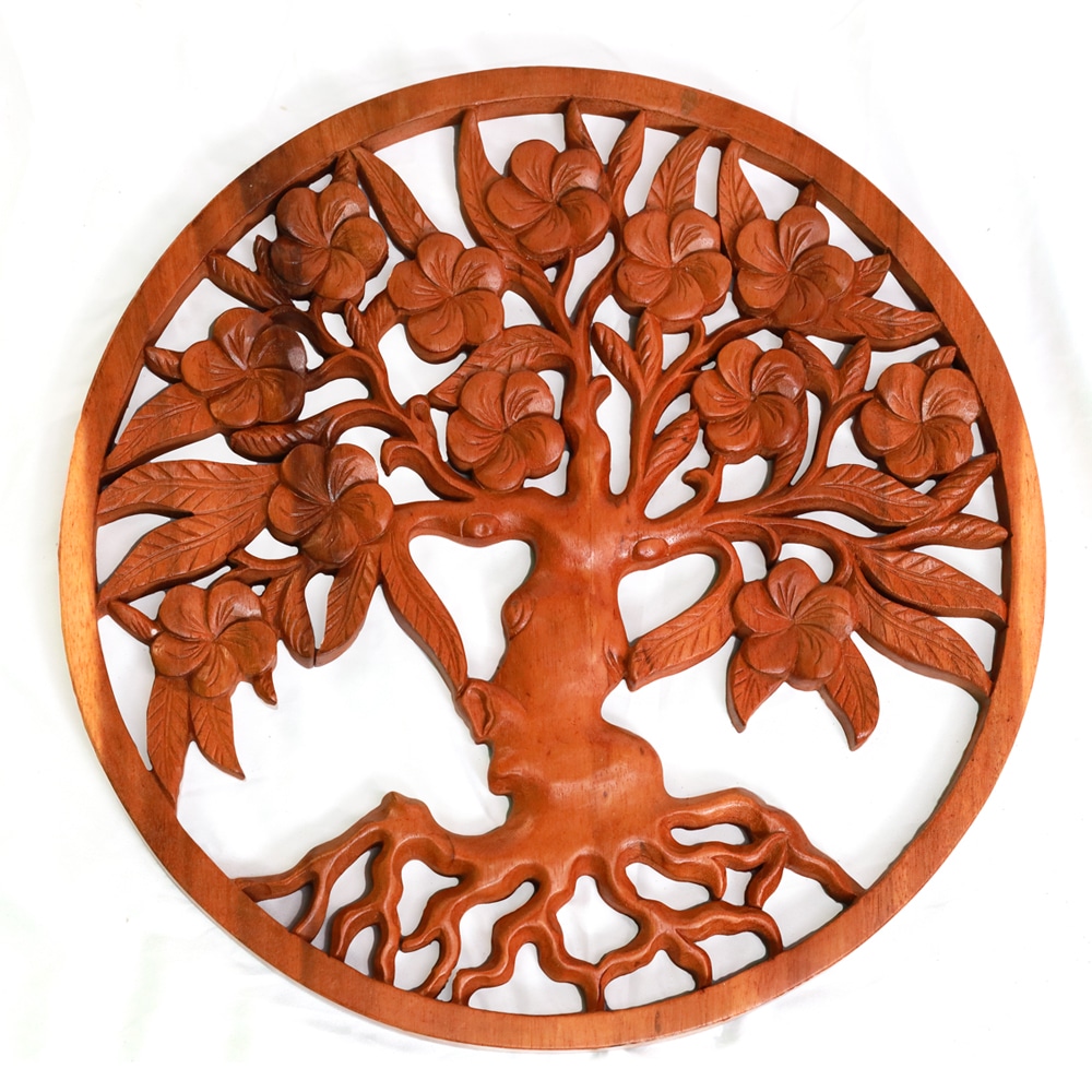Rundes Wandrelief mit Frangipani-Blüte, 40 cm, aus Teakholz