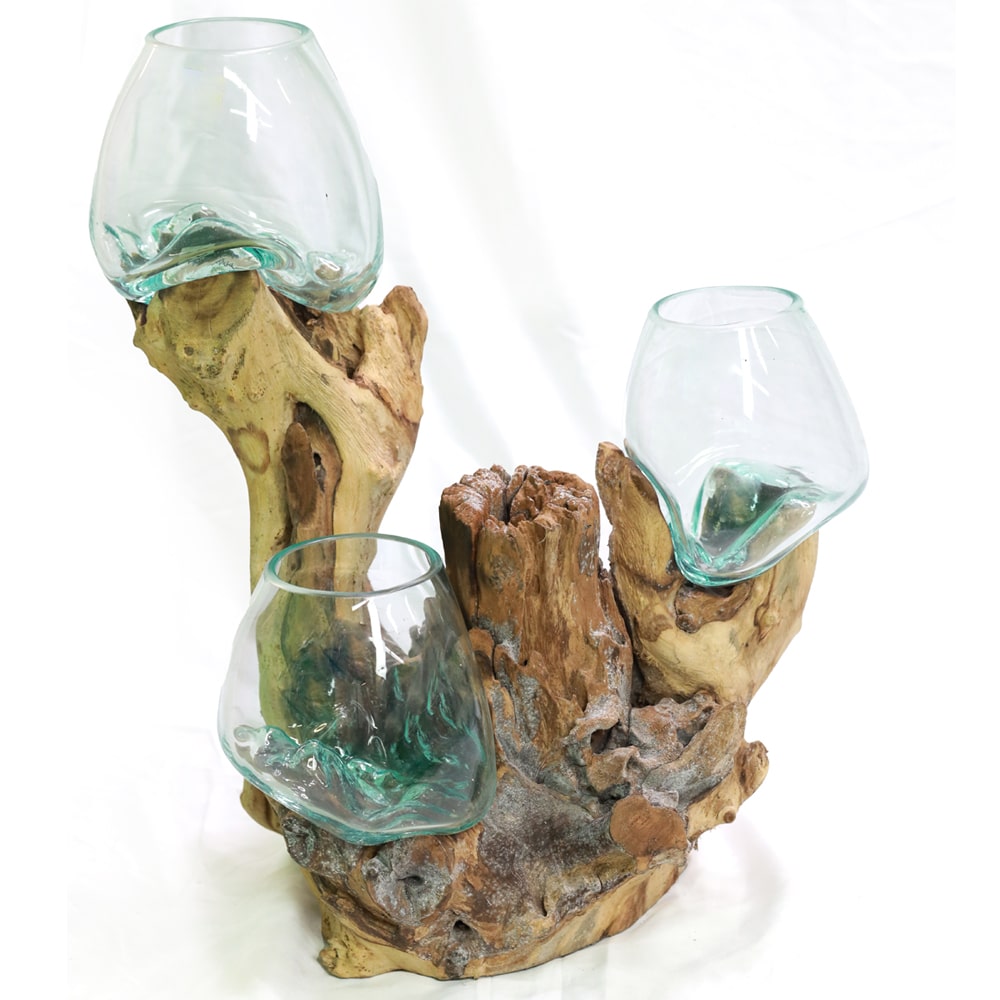 Tiga Bowls: Dreiteiliges Glasschalen-Set auf naturbelassenem Wurzelholz, 60 cm