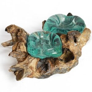 Kasih Kerzenhalter: Zwei Glasschalen auf natürlichem Wurzelholz, 30 cm