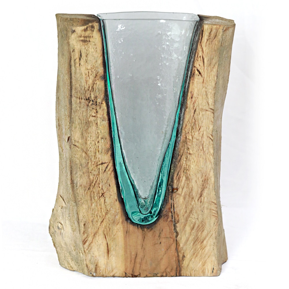 V-förmige Glasvase auf natürlicher Wurzel, ca. 25 cm