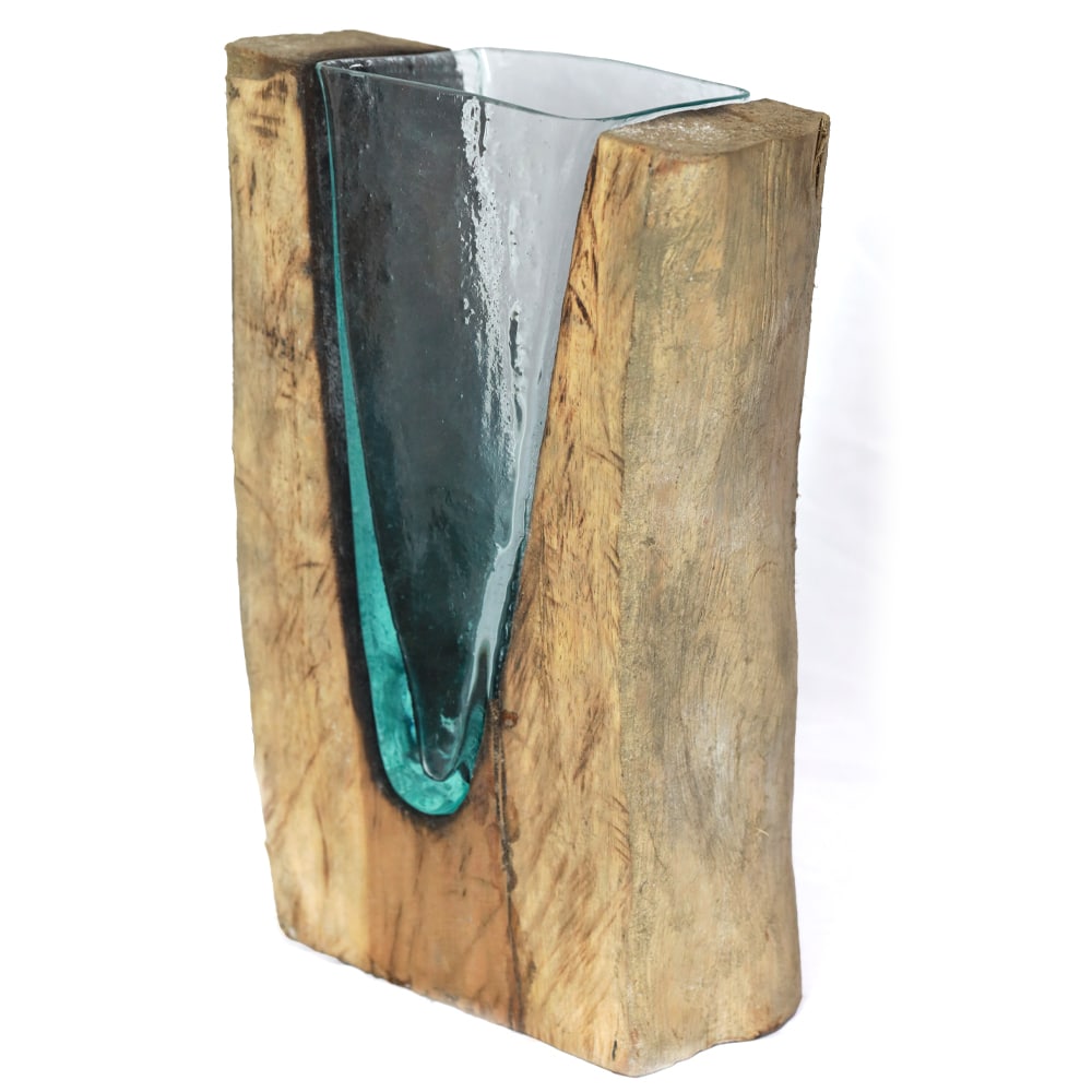 V-förmige Glasvase auf natürlicher Wurzel, ca. 30 cm