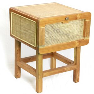 Sari Retro Nachttisch aus Teakholz und Rattan mit Klappfach