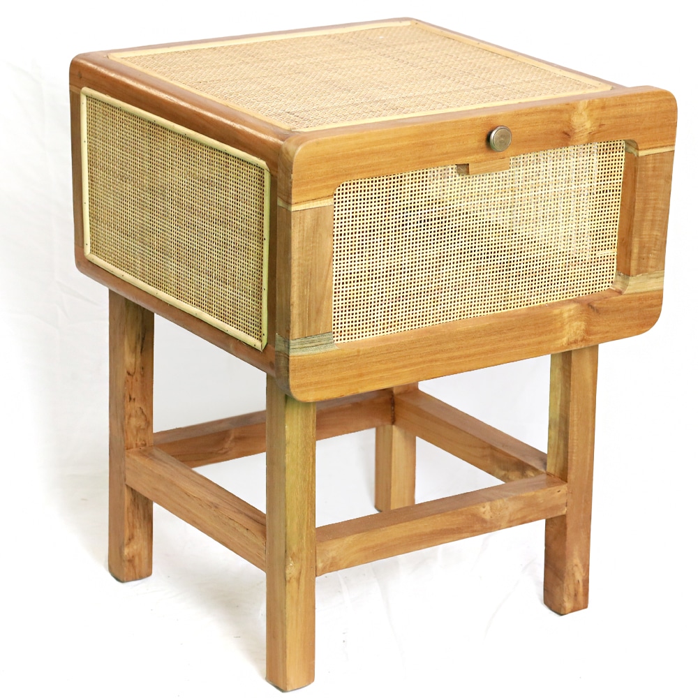 Sari Retro Nachttisch aus Teakholz und Rattan mit Klappfach
