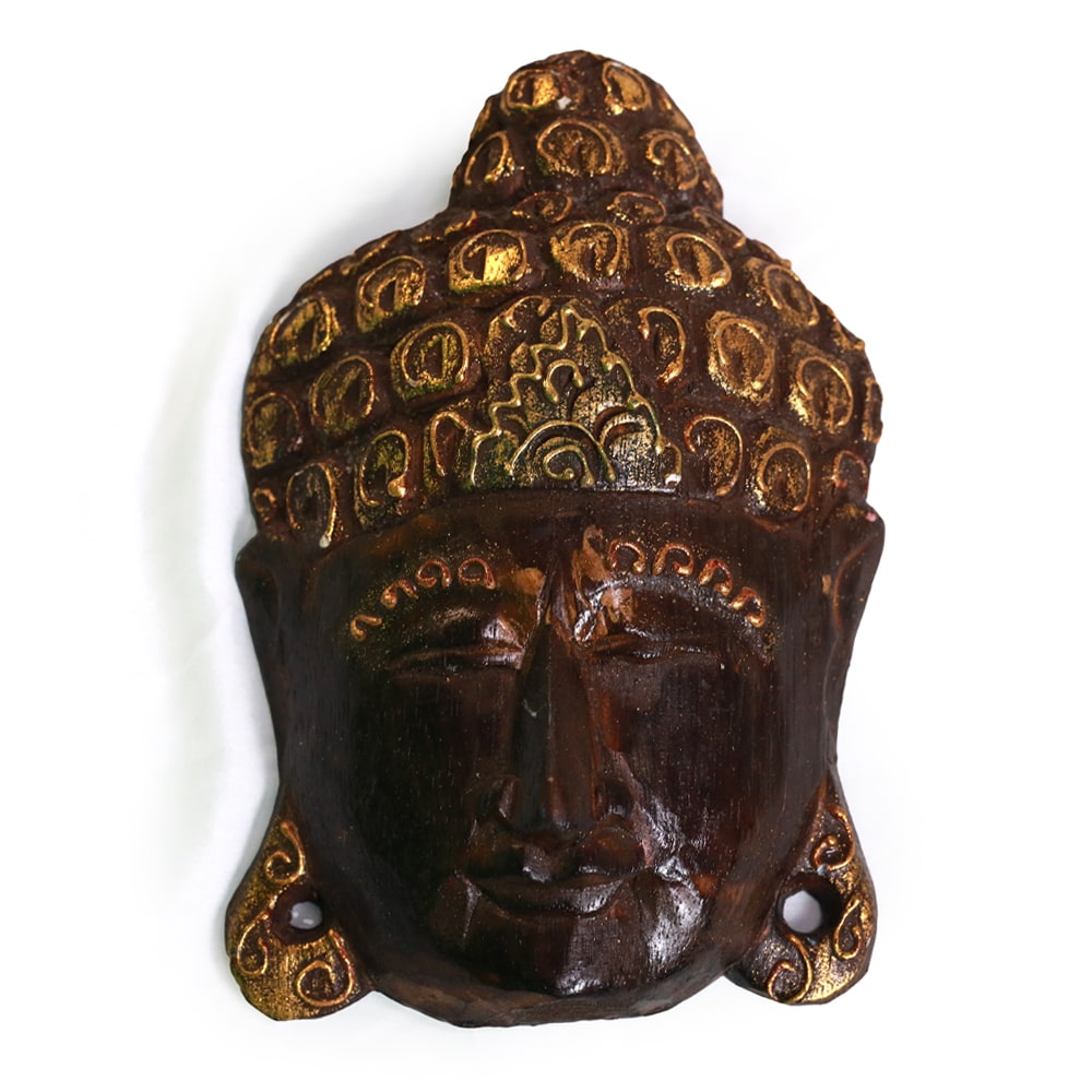 Buddha Wandmaske aus Albesia-Holz, 20 cm, dunkelbraun mit Goldakzenten
