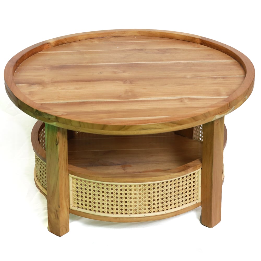 Runder Anyaman Teakholztisch mit Rattan-Details, Ø 72 cm