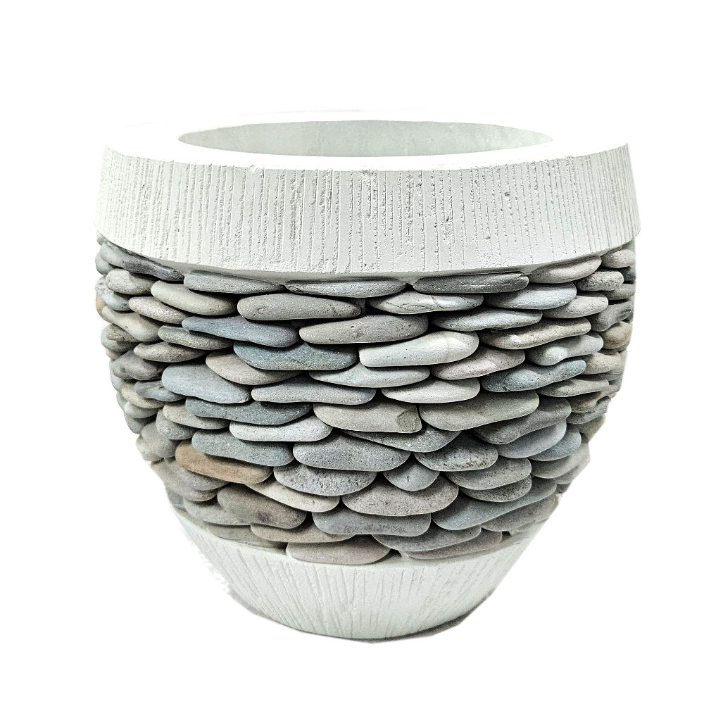 Grüner Blumenübertopf aus Beton mit Natursteinen, Ø 29 cm