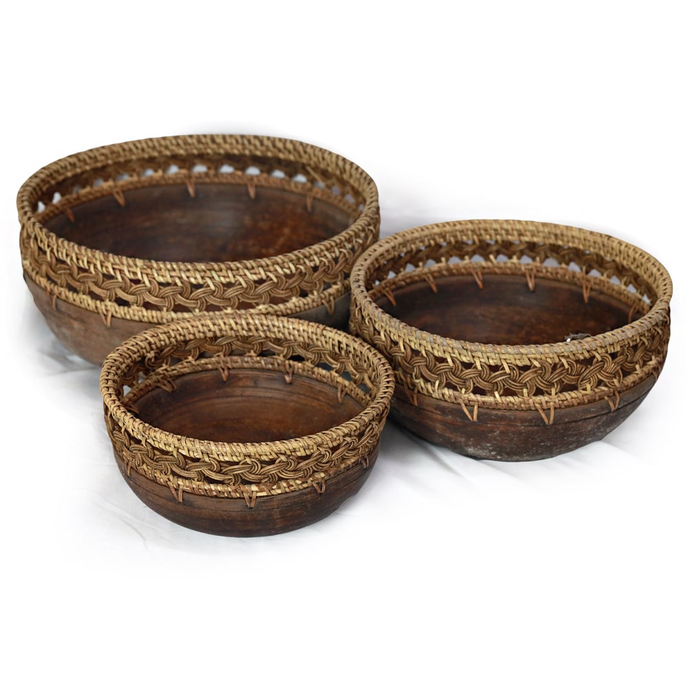 Set aus 3 Schalen mit kunstvoller Seegras-Applikation in verschiedenen Größen