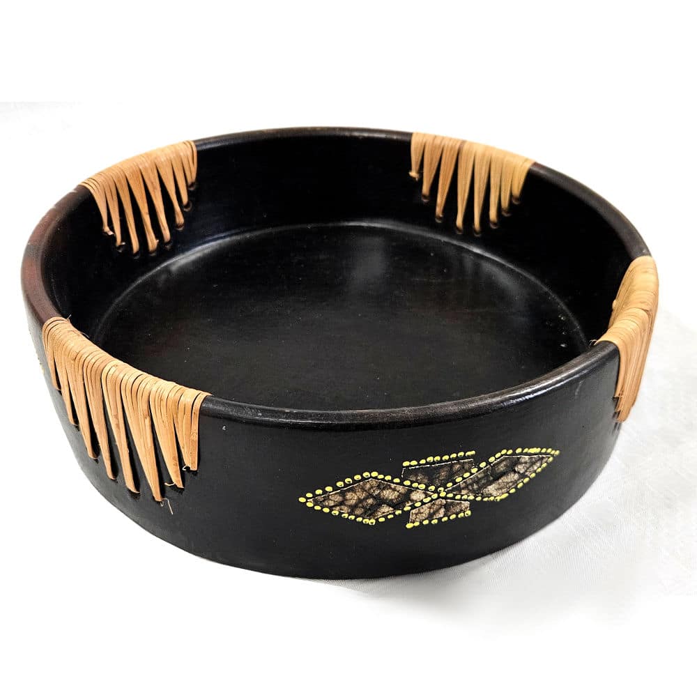 Elegante Keramikschale 30 cm in Schwarz mit Seegras-Akzenten – Bali Design