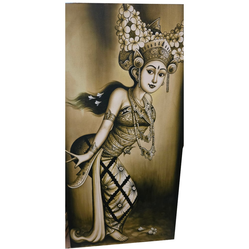 Tari Legong Wanddekoration: Handgemalte balinesische Tänzerin auf Samt mit Effektlack, 60 x 120 cm