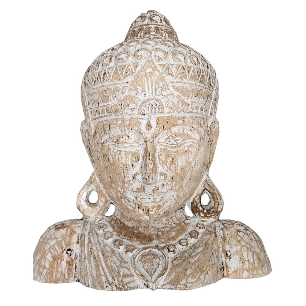 Lembut Buddha Shoulder made of Albesia Wood, Whitewashed, 40 cm