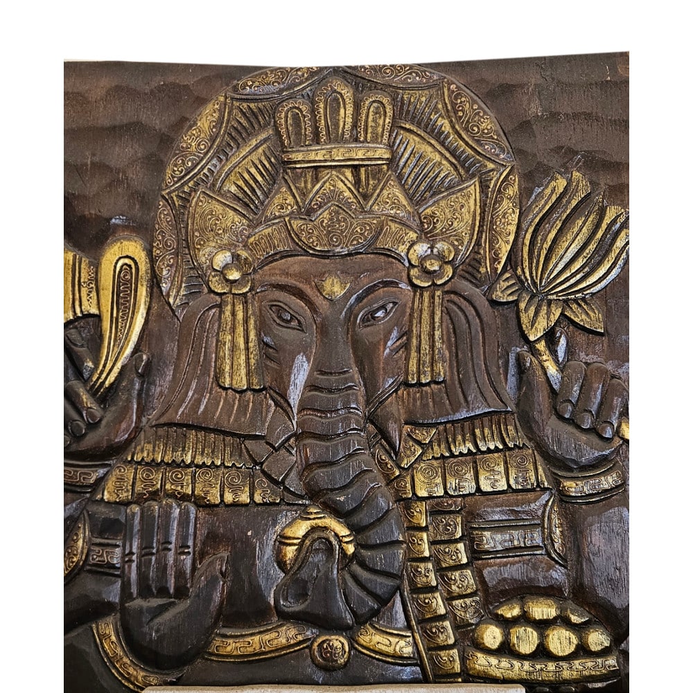 Ganesha Wandrelief in Gold auf Dunkelbraun aus Albesia-Holz, 100 x 60 cm, einteilig