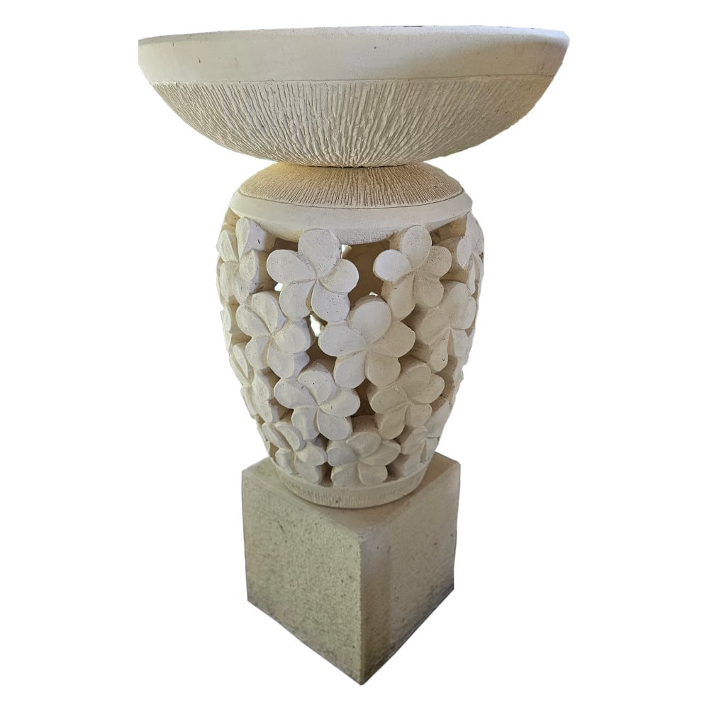 Danau Vogeltränke mit Frangipani-Relief auf Blütensockel, 80 cm hoch