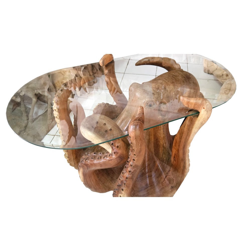Gurita Glastisch mit kunstvoll geschnitztem Oktopus aus Suarholz, 100 x 55 cm