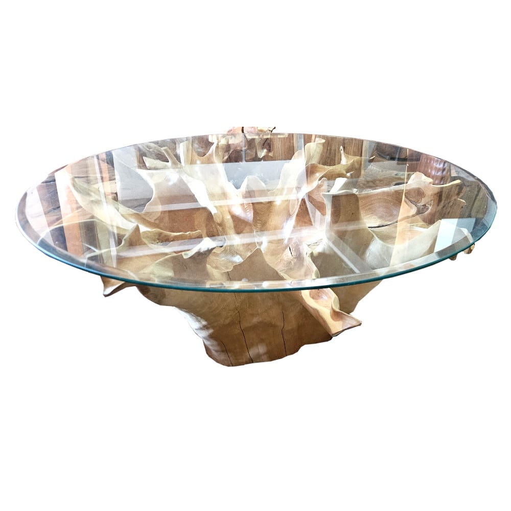 Jimbaran Couchtisch: Teakwurzel mit runder Glasplatte, Ø 100 cm