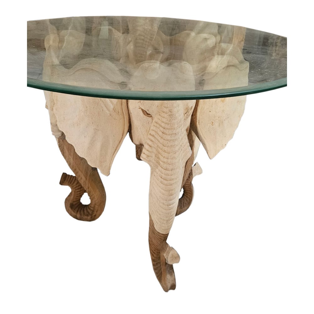 Gajah Tiga Glastisch mit drei handgeschnitzten Elefanten aus Suarholz, Ø 70 cm