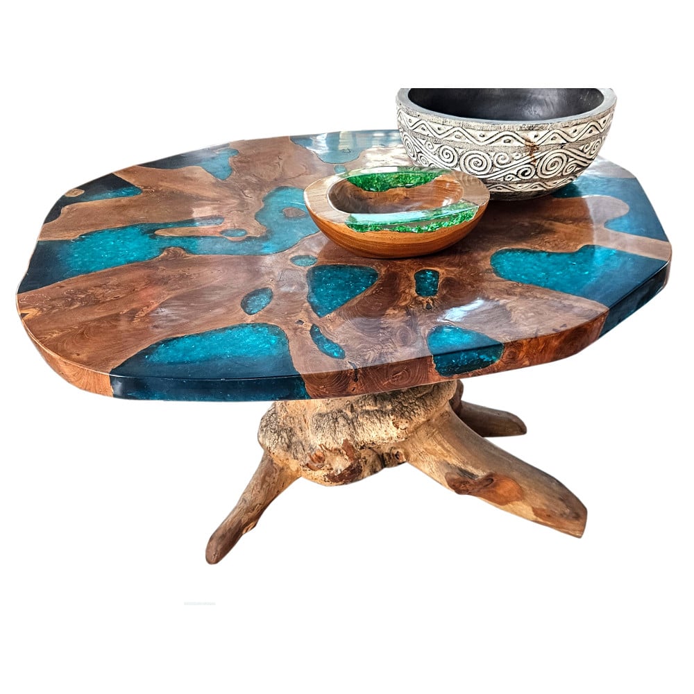 Alam Suci River Table – Runder Teakholz-Tisch mit Epoxidharz, Ø 110 cm, Höhe 70 cm