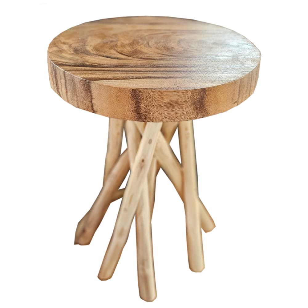 Taru Hocker aus massivem Teakholz mit Ast-Beinen – handgefertigt