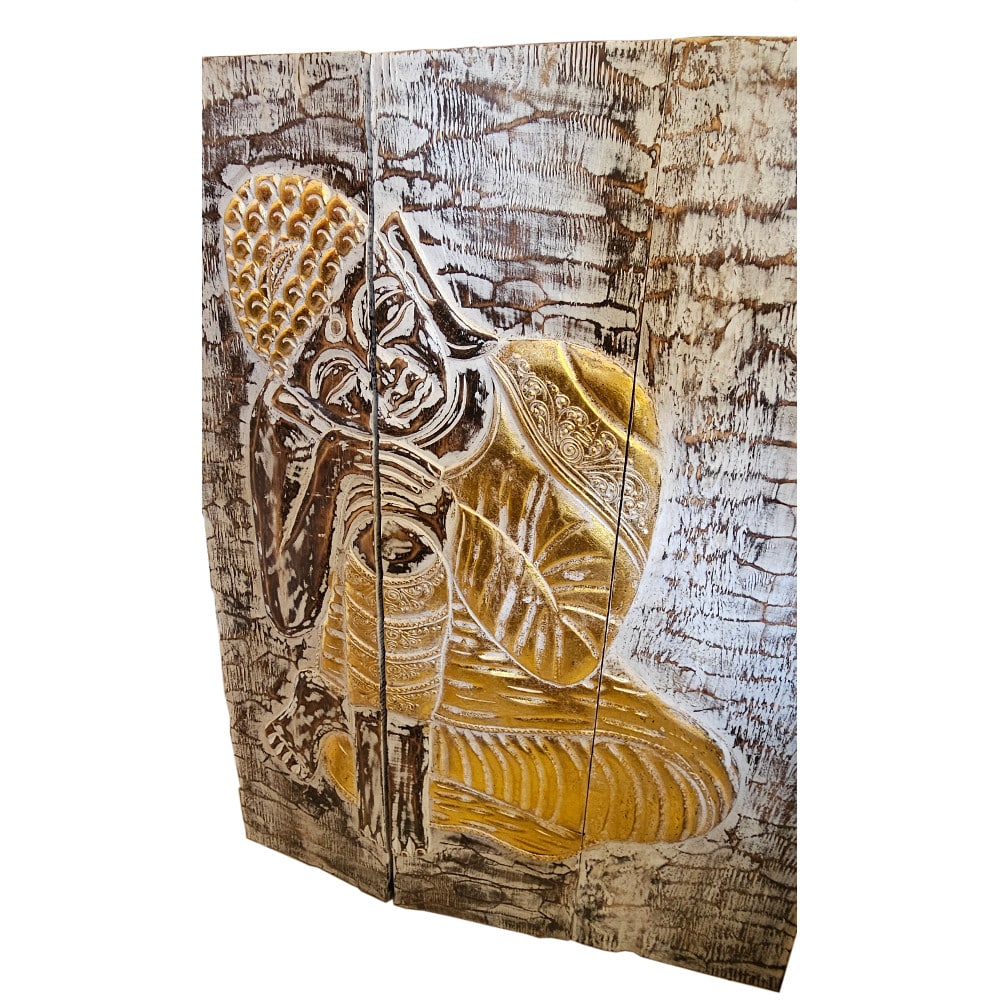Mendengar Buddha Triptychon aus Albesia-Holz, 3-teilig, 100 x 70 cm