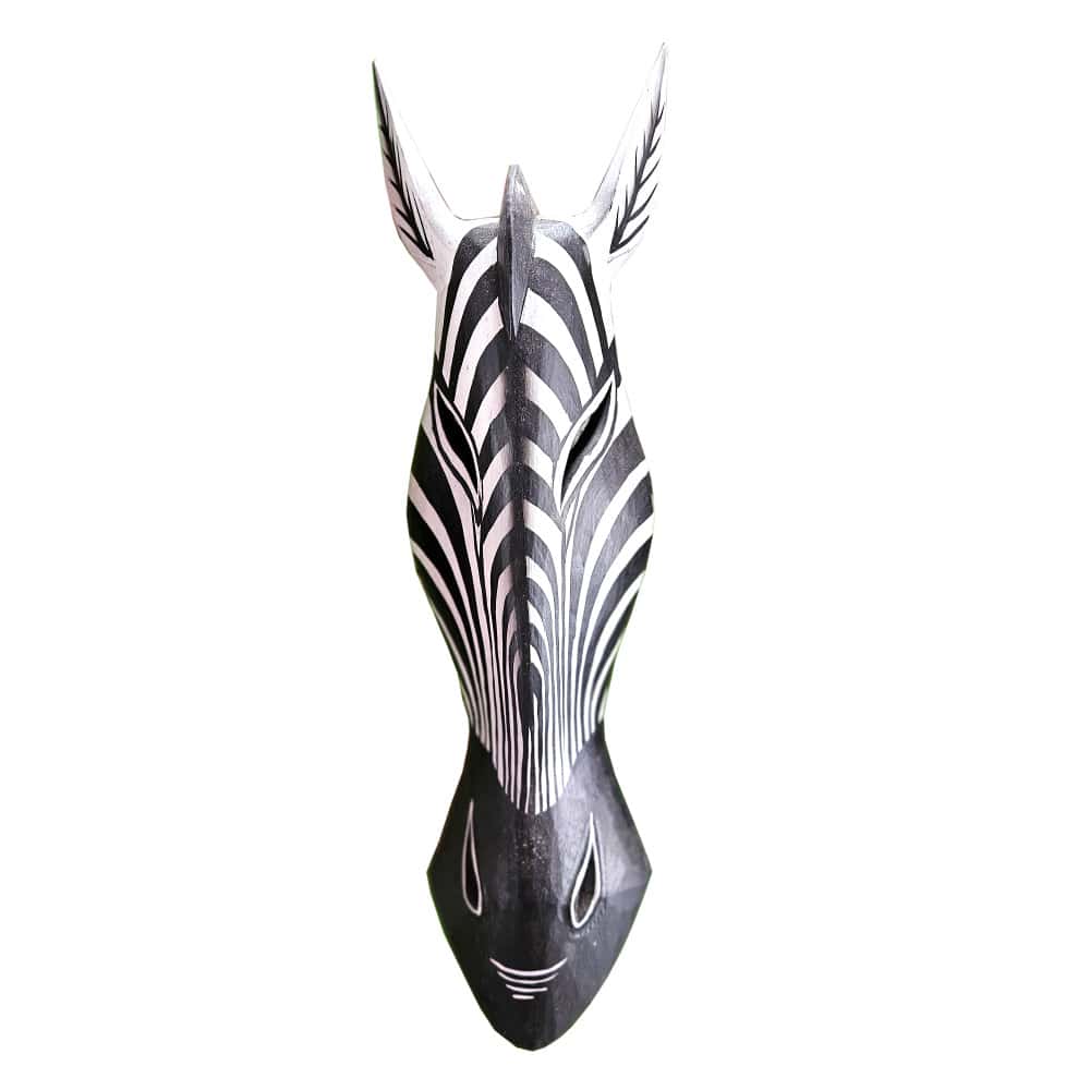 Hand-Carved Zebra Wall Mask Made of Albesia Wood, Black and White, 60 cm