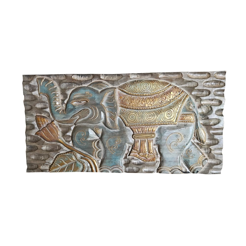 Baruna Wandrelief: Handgeschnitzter Glücks-Elefant, 59 × 30 cm