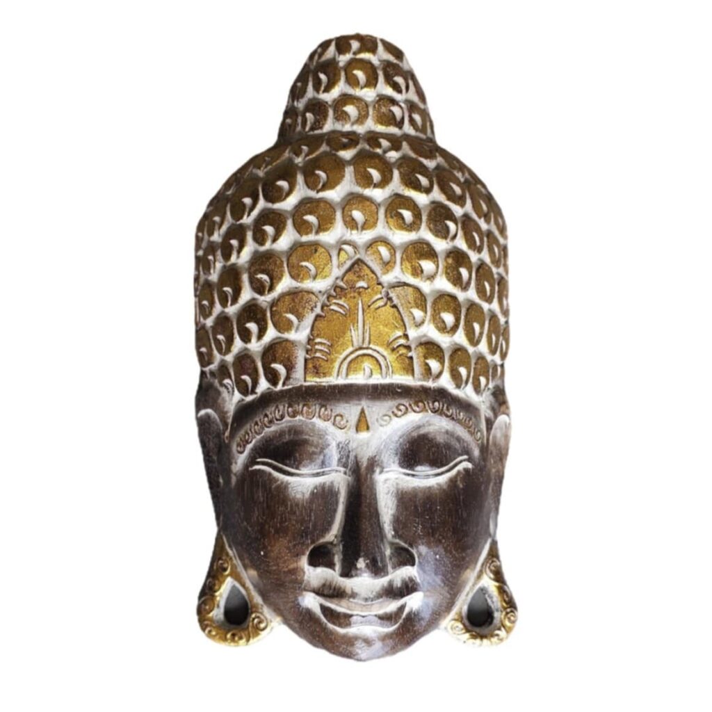Dewi Buddha-Wandmaske aus handgefertigtem Albesiaholz, 30 × 23 cm