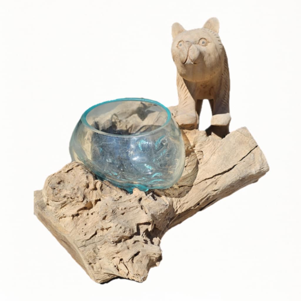 Dekoratives Wurzelholzobjekt mit Glasschale und stilisierter Waldtier-Figur, Ø 13 cm