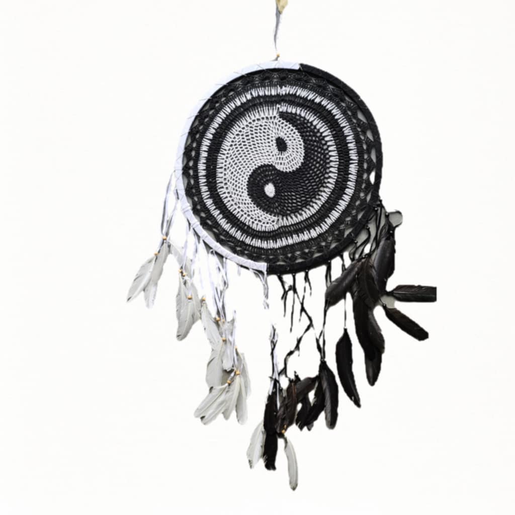 Penjaga Mimpi Traumfänger mit Yin-Yang-Motiv aus Baumwolle, 115 cm Länge, Ø 50 cm