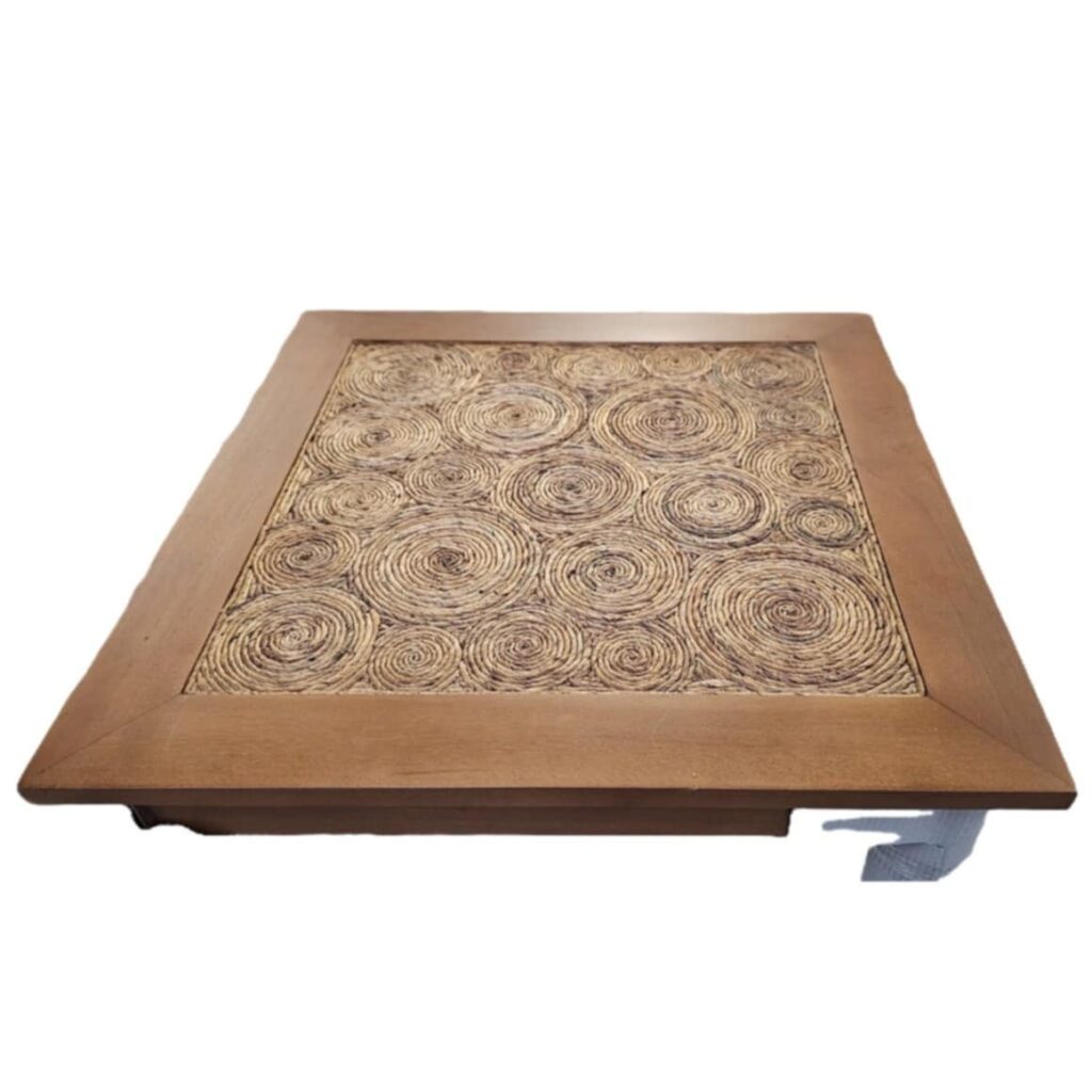 Esstisch aus Teakholz und Bananenblatt-Flechtung, 80x80 cm mit Glasplatte