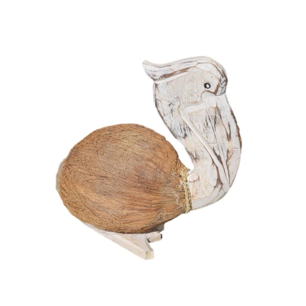 Handcrafted Jalak Pelican Figure Made from Coconut and Albesia Wood with Natural Fiber Back