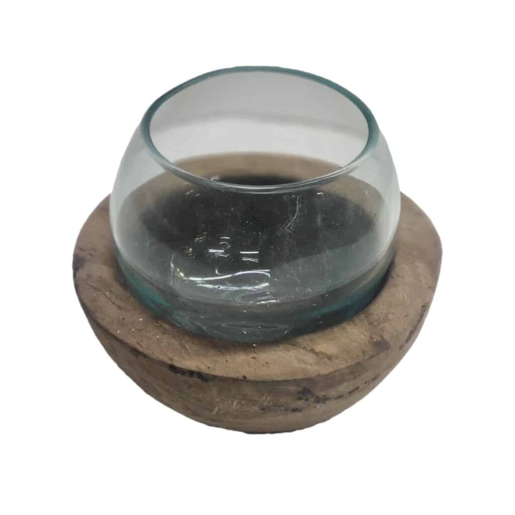 Banyu Rindu Glasschale: Mundgeblasenes Recyclingglas auf Holz, Ø 10,5 cm