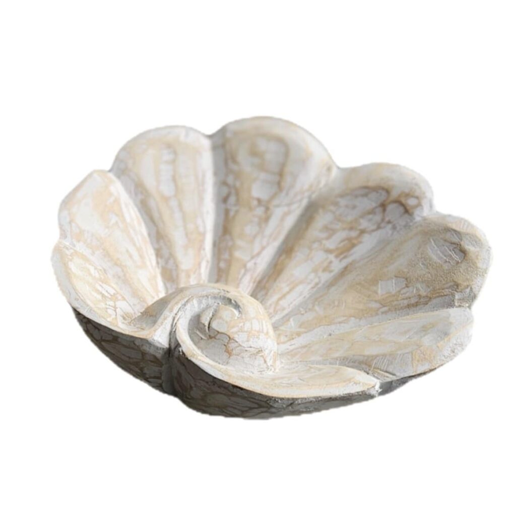 Kerang Holzschale in Muschelform aus Albesia, white-washed